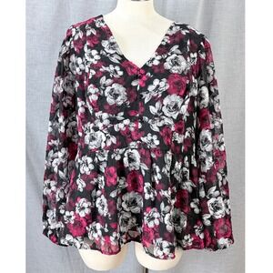 Torrid Women Black Pink White Floral Button Front Smocked Peplum Blouse Size 2